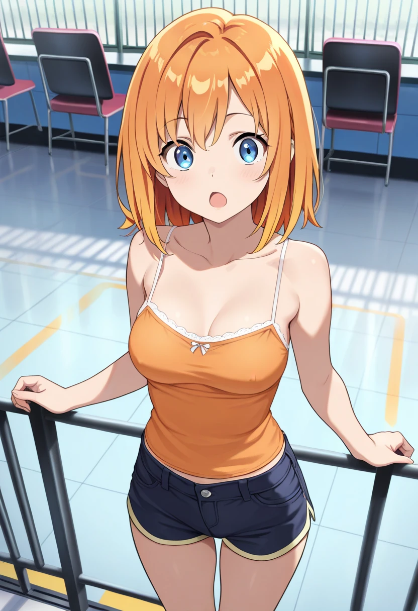 (Masterpiece, Best Quality, High Quality), kousaka honoka, blue eyes,volumetric lighting, illustration, beautiful, tight , Blushing,breasts, blush, smile, bangs, large_breasts, (yellow tube top:1.2), strapless, navel, holding, cleavage, :D, standing, collarbone, cowboy_shot, belt, pants, indoors, blunt_bangs, hand_on_hip, sparkle, makeup, microphone, straight_hair, white_pants, music, holding_microphone, cropped_shirt