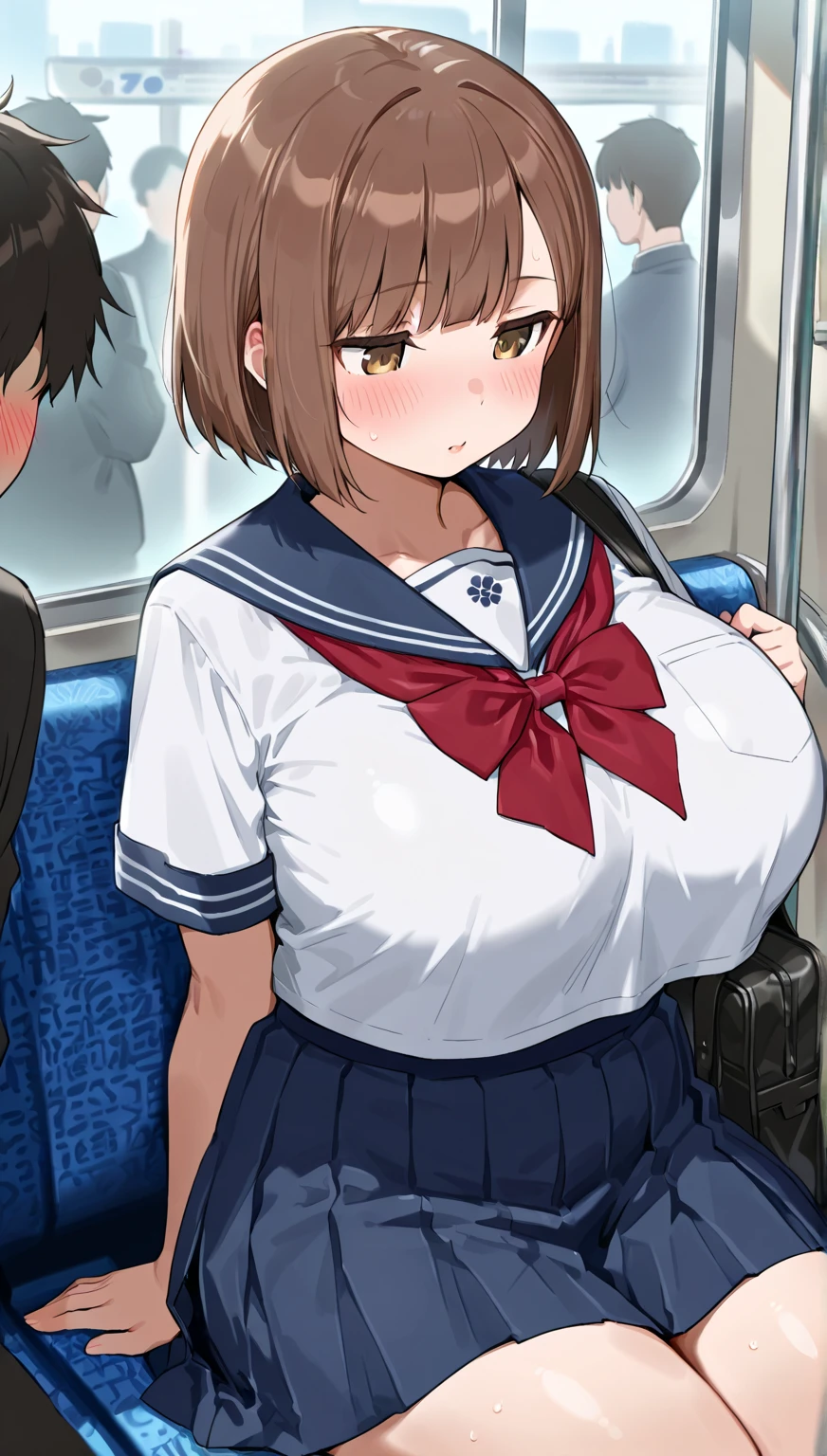 table top、High resolution、2 people、2 people girl、twins、2 cute girls、big and full breasts、naughty body、underwear only、See-through、pink lingerie、throw、sit on the seat、Look up at me、confused face、blush、black pantyhose、female shape'Private parts are clearly visible、I can see the nipples、navy check skirt、micro mini skirt、very short skirt、inside the train、train、molestation、being touched by a man、Many people々、in the crowd、Man sitting next to me、The guy also touches my thighs、open your legs、No panties、put the chest on the tray、nipples are transparent