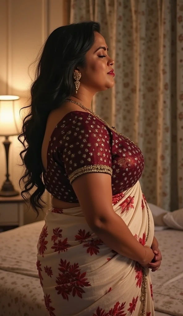 Day scene, full body photo of a plus sized  indian woman , top view, (Masterpiece, Best Quality, High Resolution), bedroom Background, (cum Splash on her face , cum Splash on her face and breasts, Splash of cum on face, cum Splash on her blouse, cum Splash on her eys), hour glass body red lips, lightly makeup,ultra realistic, realistic, look at viewer (cinematic:1.3), intricate details,