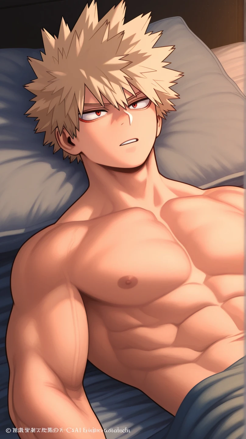Masterpiece, Best quality, High quality, 1boy, Solo, Asta, lying on bed, sleeping, gray hair, black headband, shirt off, shirtless, green eyes, close his eyes, closed eyes, his mouth gasp, opened mouth, torturing expression, medium body, naked, showing His penis, his dick, showing his muscle.
