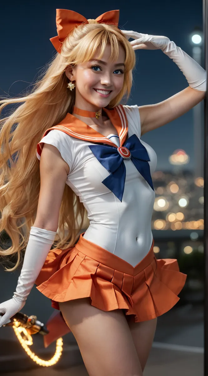 masterpiece, Highest quality, High resolution, Venus 1, One girl, alone, Sailor Warrior Uniform, Sailor Venus, aino minako, Blonde, Magical girl, blue eyes, Orange Skirt, Elbow hand pockets, tiara, Pleated skirt, Hair Ribbon, Orange sailor collar, mini skirt, choker, Red Bow, orange choker, White gloves, Very long hair,  jewelry,  Earrings, Cowboy Shot, smile,,More detailed 8K.Unreal Engine:1.4,超High resolution,La Highest quality:1.4, Realistic:1.4, Skin Texture:1.4, masterpiece:1.8,first work, Highest quality,Object Object], (Detailed facial features:1.3),(Fine hand:1.4),(Apocalyptic destroyed cityscape:1.4)