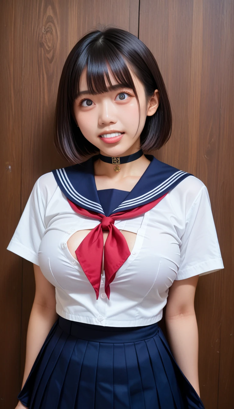(8K、RAWE Photo、highest quality、masterpiece:1.2)、(real、photorealistic:1.37)、1 beautiful Japan schoolgirl、perfect body、18-year-old、Sexy schoolgirl uniform、Medium Boob:1.8、(Photographing the subject from below)、(((hanging breasts, underboob、Are thin)))、underboob、oily skin:1.5、thin、 (Sexy uniform with a slight view of the underside of the chest)、((目に見えるunderboob、Uniform with visible ribs and belly button))、Super miniskirt visible、((look at the audience))、Open your mouth and smile