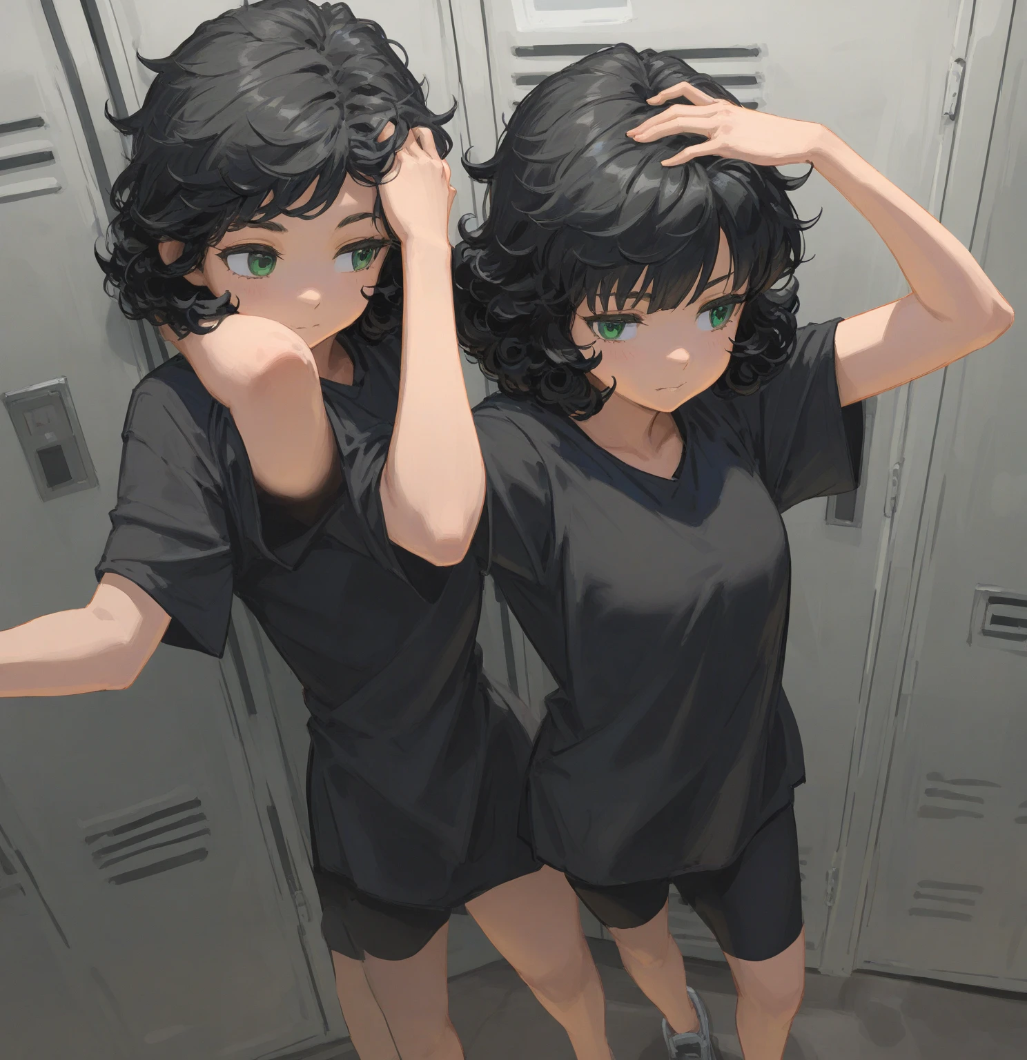 ((masterpiece)), ((best quality)), ((ultra-detailed)), 1girl,solo,((skinny),(flat chest),((very short hair)),black hair,pixie cut,shaggy cut,((big eyes)),(((tsurime))),(((slant eyes))),(drunk),tracksuit, hooded,((((clothes lift)))),sports bra,sweat,((looking away)),locker room,more_details:-1, more_details:0, more_details:0.5, more_details:1, more_details:1.5,bangs,messy hair,hair between eyes,medium long hair,