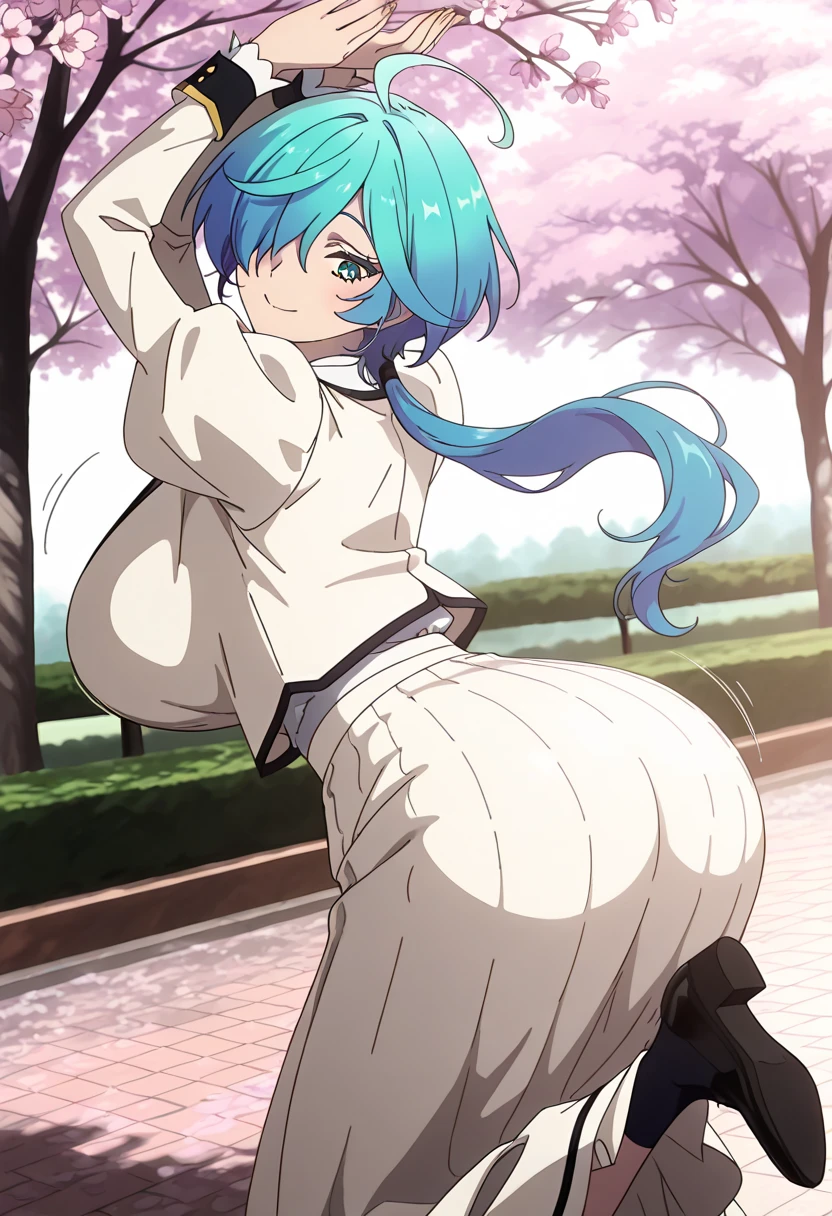 (masterpiece),(best quality),ultra-detailed,illustratio,Explicit,Beautiful body,Beautiful Nose,Beautiful character design,perfect eyes,perfect face,wallpaper,ultra highres,4K,photography,(Beautiful, large breasts:1.2),(beautiful face:1.2),(beautiful legs, perfect legs),(Beautiful ,large hip:1.2),shiny skin,anime screencap,official style,BREAK,1girl,solo only,Saki Nijino,school_uniform,BREAK,blush,happy smile,sexual fluids,standing,open stance,leaning forward,lift skirt,spread vagina by self,female masturbation,focus pussy,BREAK,cowboy shot,looking at viewer,from behind,in the park