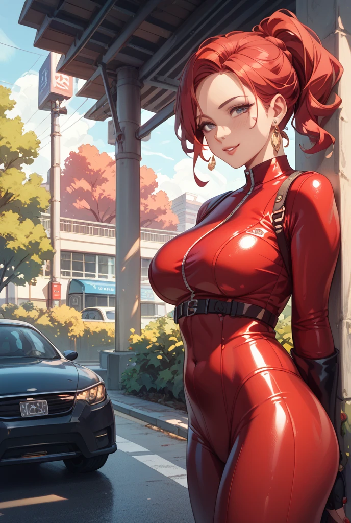 Wife 30 years old,Huge Breasts,Brown wavy hair,earrings,Smile,PARKING LOT,cloudy day,Sexy,noble,red glasses,green eyes,lipstick,Soaked all over,Sheer bodysuit,hair accessories,Meticulous background