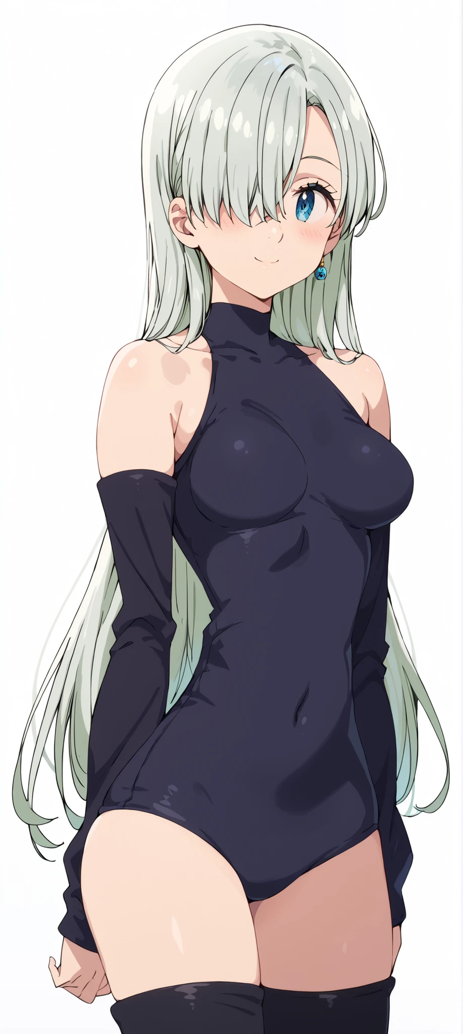 simple background, nsfw, 1girl, elizabeth liones, solo, hair over one eye, silver hair, long hair, blue eyes, blush, smile, closed mouth,  hip, wearing black leotard, bare shoulders, detached sleeves, black thighhighs, legwear, black sleeves,