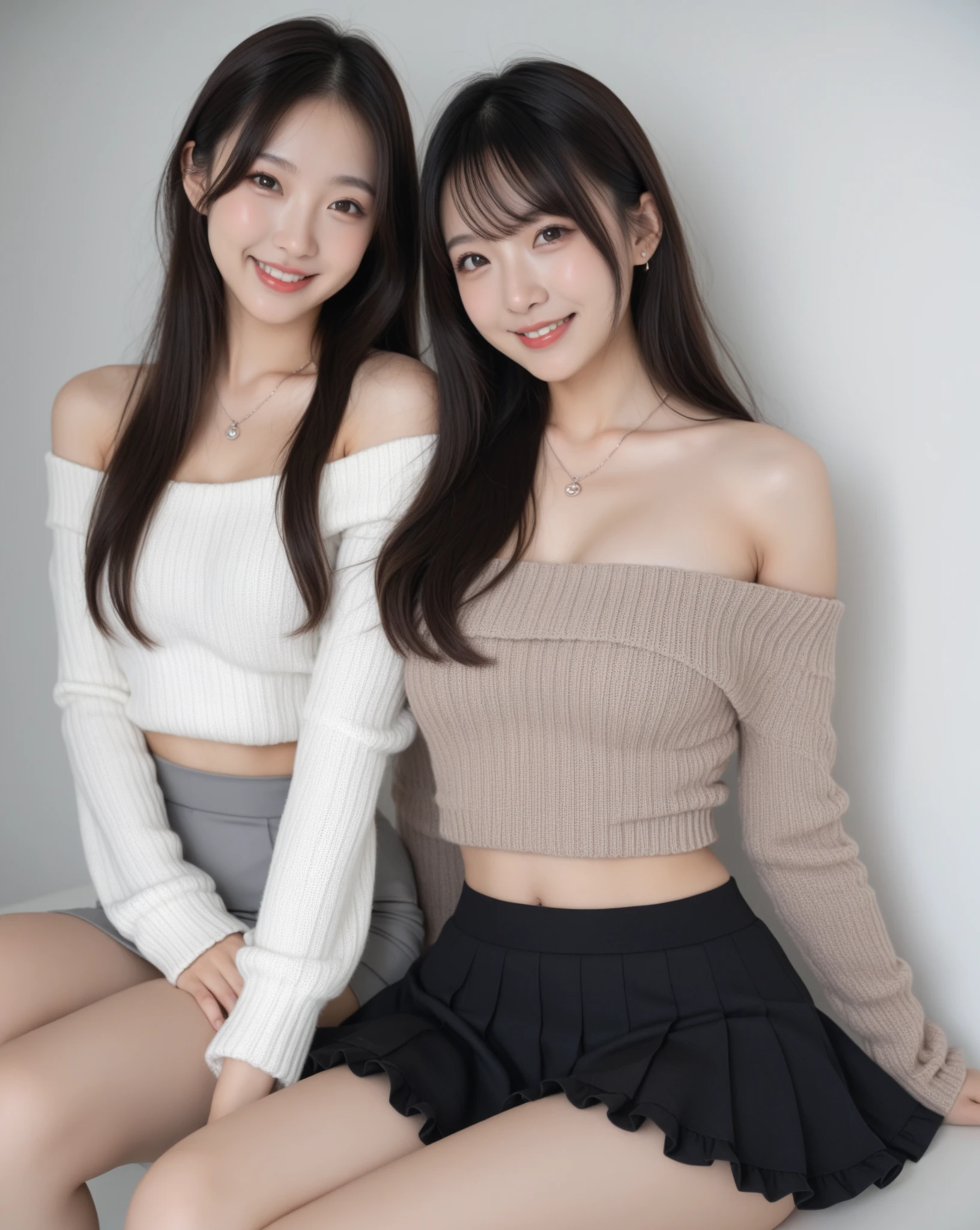 (2 girls of the same age:1.2) , couple focus, Adorable, 17 age, Upper body, japanaese girl, Stand next to each other , Off-the-shoulder summer sweater , Skirt, (Smile), hair scrunchie, (High color saturation:1), Best Quality, 超A high resolution, photographrealistic, ultra-detailliert, 8K, Raw photo, (Breast),(skirt rift:1.0)