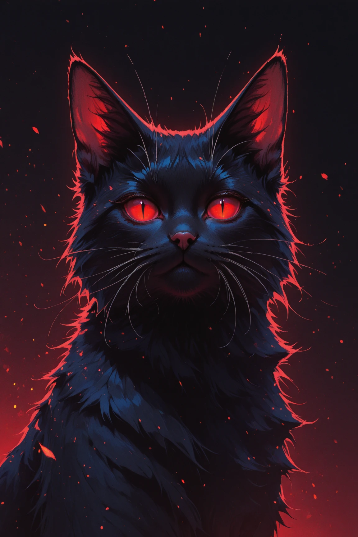 masterpiece, best quality, amazing quality, very awa, absurdres, newest, very aesthetic, neomijicsteel, solo, looking at viewer, simple background, red eyes, closed mouth, upper body, gradient background, no humans, animal, cat, black background, slit pupils, red background, colored sclera, realistic, animal focus, black cat, whiskers, black fur, embers, fluffy, light particles, red sclera