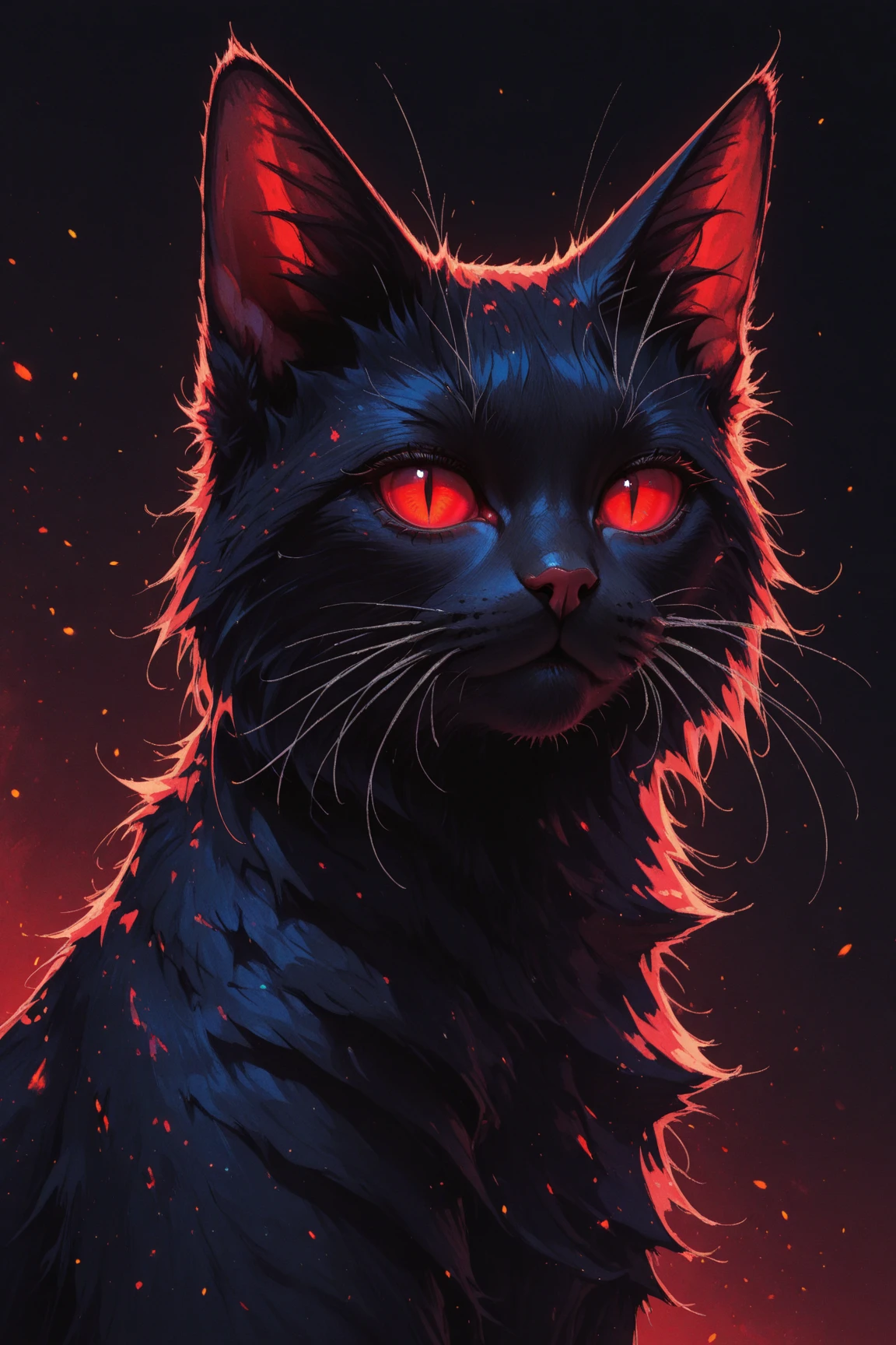 masterpiece, best quality, amazing quality, very awa, absurdres, newest, very aesthetic, neomijicsteel, solo, looking at viewer, simple background, red eyes, closed mouth, upper body, gradient background, no humans, animal, cat, black background, slit pupils, red background, colored sclera, realistic, animal focus, black cat, whiskers, black fur, embers, fluffy, light particles, red sclera