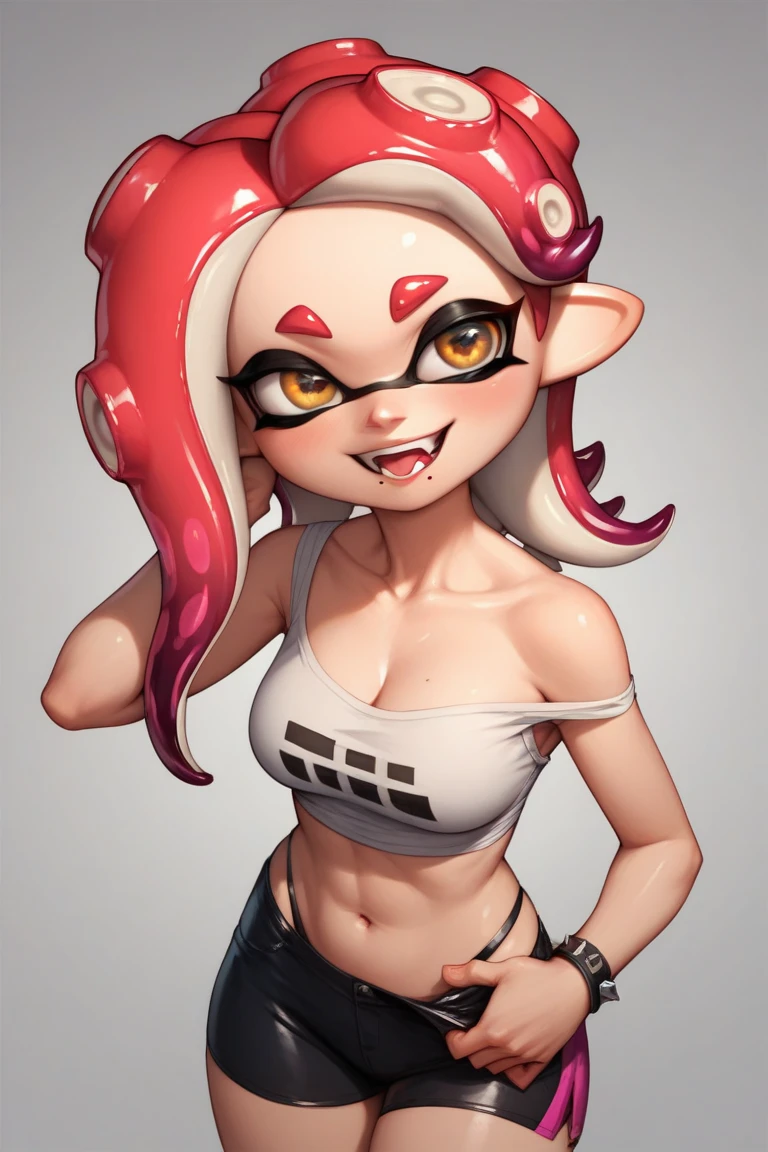 One Splatoon girl, Crazy clown girl, In detail, (Highest quality), (Intricate details), Cute Style, , Clown Style, Multicolor, ((Black and red tentacle hair braided)), Highest quality, ((Long sleeve shirt and shorts)), ((Red and white outfit)), ((Clown Style clothes)), ((Thigh-high socks)), ((Round eyes)), ((Wearing clown make-up)), Beautiful Face, Happy, A slightly thinner face, Golden Eyes、pin up, Perfect Face, Big Breasts、Cleavage、Portrait with a simple background