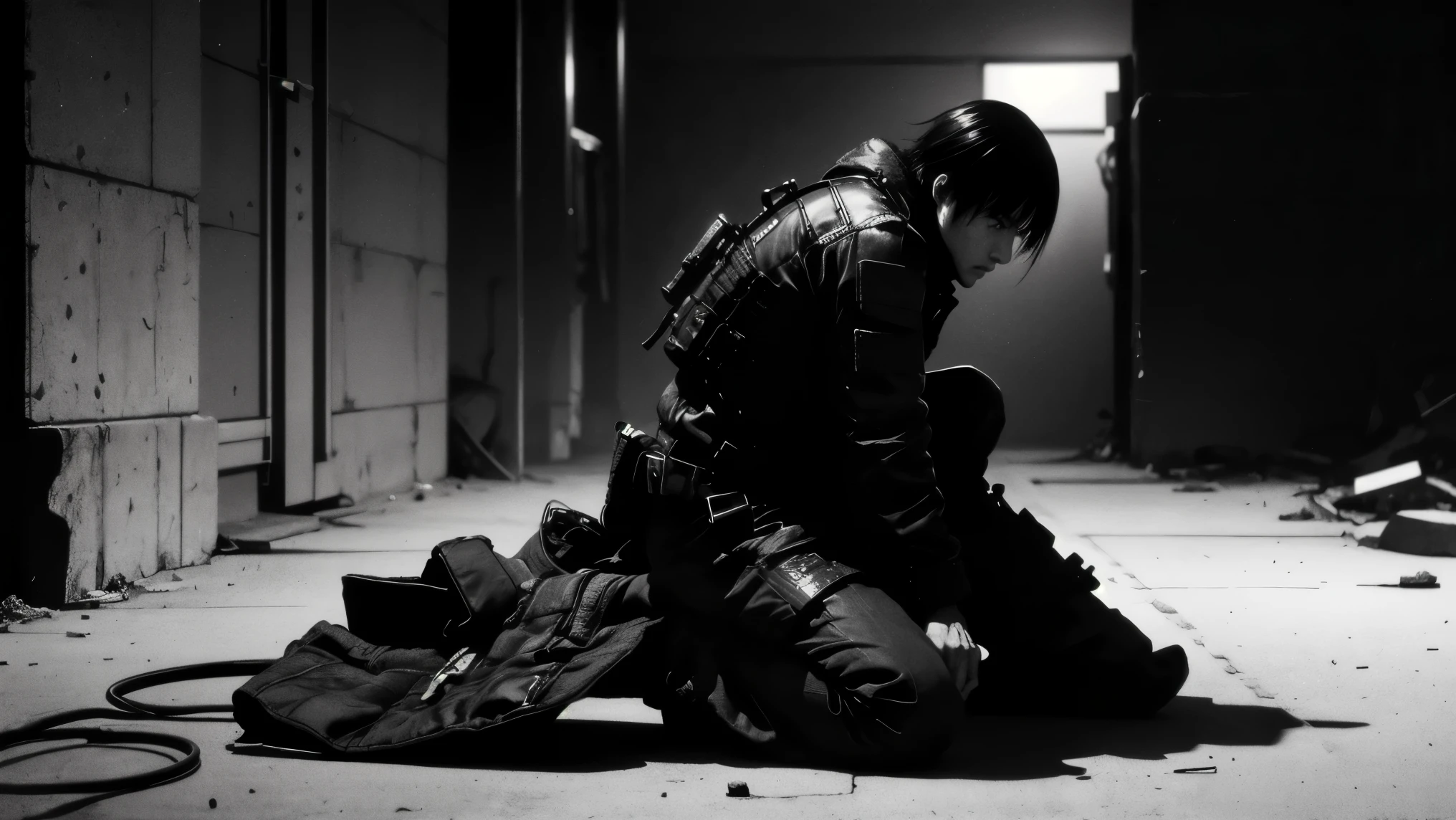 medium shot, 50mm lens,仰拍,side-front view,solo,blame, tsutomu nihei, by tsutomu nihei,movie, killy, cibo, GBE,1boy, killy, ova, 画面中心一只黑色战术装备的手套手持握GBE,瞄准了前方,它的枪口冒着红光蓄势待发,背景是超现实空间, realistic anatomical proportions, inspired by Tsutomu Nihei's BLAME!, ultra-detailed illustration, monochrome palette with red highlights, cinematic lighting, high contrast shadows, ink-style rendering