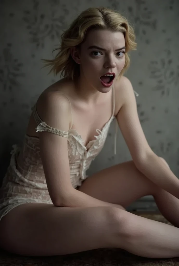 nude, lying on bed, slave collar, realistic dull skin texture, viewed from above, legs open, (tied up:1.9), (handcuffed:1.6), large breasts, krnnshpk woman, Kiernan Shipka