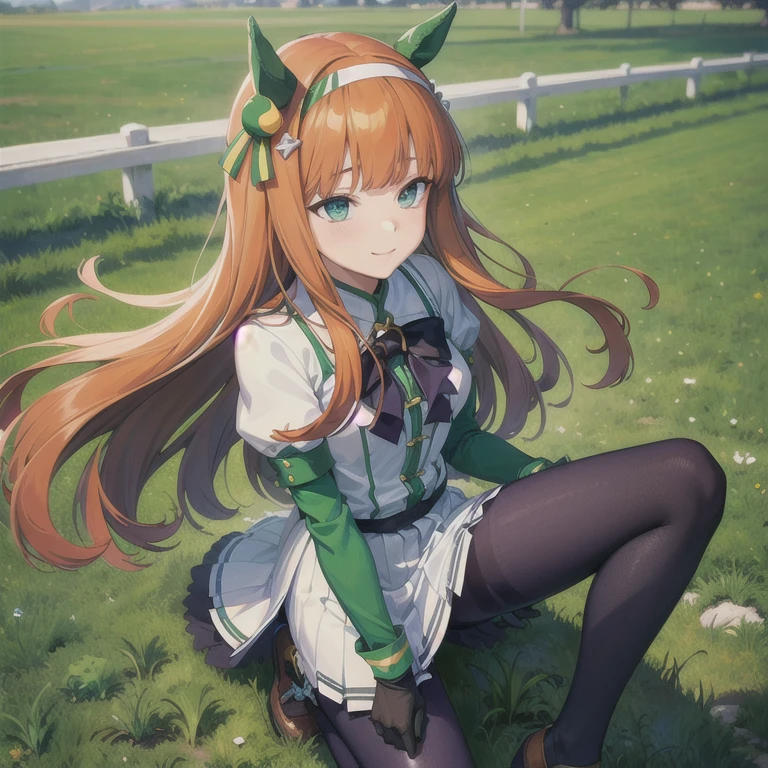 silencesuzuka, green eyes,horse tail ear covers, puffy sleeves, short over long sleeves, black gloves, white skirt,blush,open mouth,((hands between legs)),((from below)),((black pantyhose)),black panties under the pantyhose ,sweating,steam,((side squat)),under tree,at outside,((hands on floor))