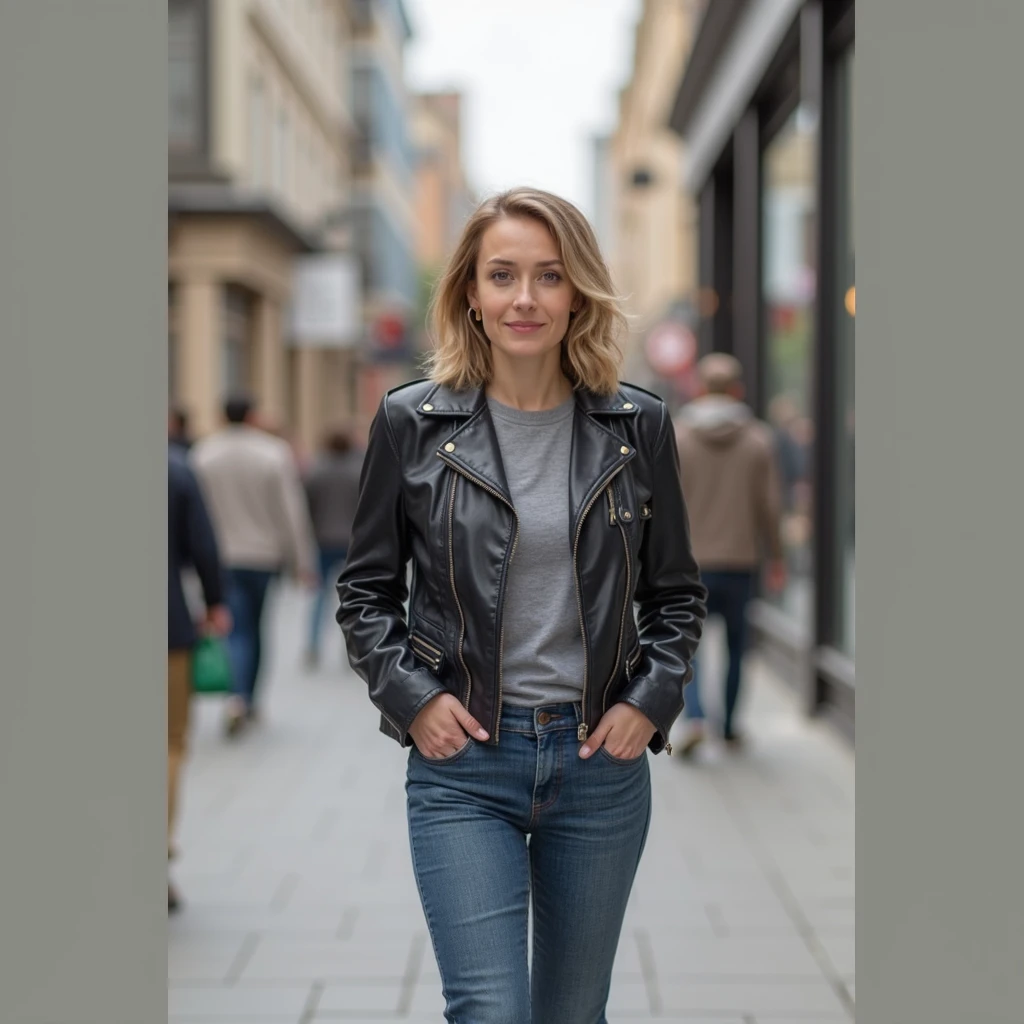 mndngwmn, blond hair, (ultra realistic, 8k,high quality),(medium shot), wearing a leather jacket, on a city downtown