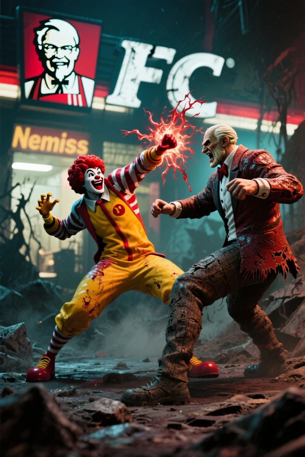 there are two people that are playing with a pink substance, viscera splattered, video game screenshot>, posing for a fight intricate, gameplay still, enhanced photo, intense fighting, mage fighting a ghoul, 2 k, 2k, guts, ps 3 screenshot, the evil within monster, pc screenshot, scene!!, video game screenshot, tekken 7, high res photo