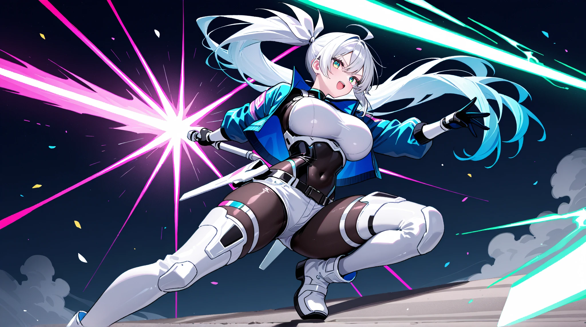 (Masterpiece, High Quality, Top quality, High-Detailed, Detailed CG, Cinematic Shadow, Cinematic Scene, Beautiful Detailed Eyes, Ultra Resolution, Depth of Field, High Resolution, Masterpiece: 1.2), (Mobile Suit Gundam: The Witch from Mercury - Character: Secelia Dote (セセリア・ドート)), Looking At The Audience, (Angry Expression:1.2), (Erotic Expression:1.0), Anime Art style, Dynamic Angle, Dynamic Pose, Silver Hair, Cyan Eye, Blue eye, Sparkling Eye, Huge Breast, Big Breast, Five Fingers, Hand, Arms, Sword, (Holding A Sword:1.2), Legs, Spread Legs, Thick Thighs, Shoes, Sport Shoes, Leotard, Leotard Suit, (Black Leotard:1.2), (Dark Leotard:1.2), (Sparkling Leotard), (Sparkling Suit), Machines Backgrounds, Retro City Background, Dark Background