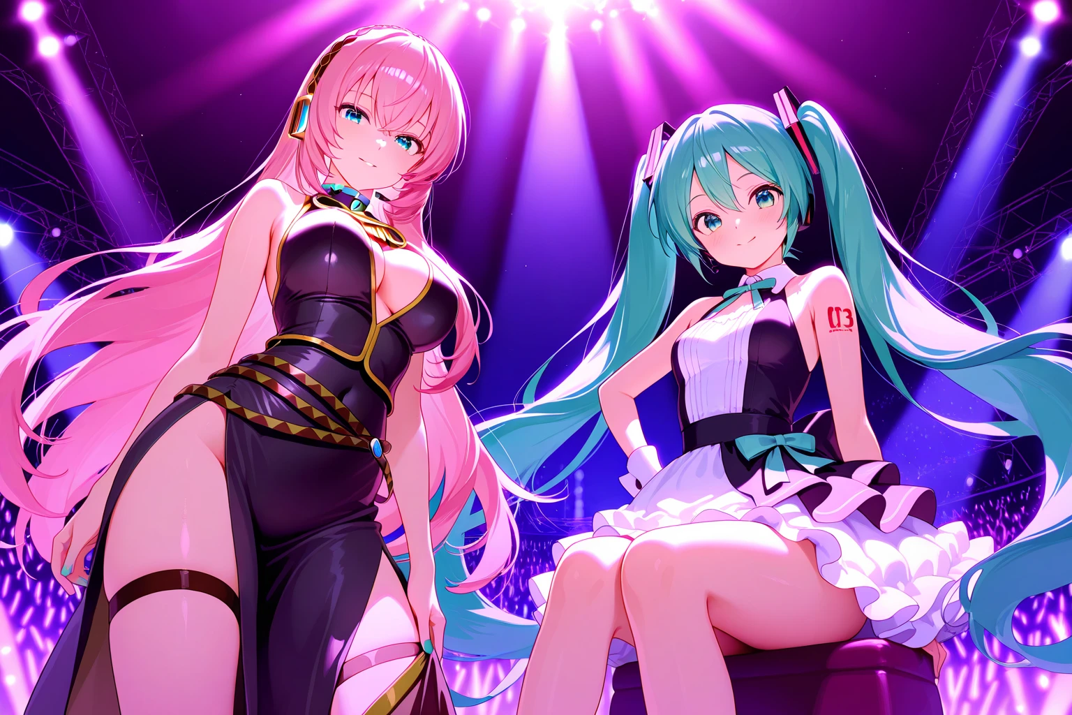 An anime illustration of 2 happy cyberpunk girls, confident laughing cyberpunk girls, ((revealing Harajuku-inspired pop outfit)), bold colors and patterns, eye-catching accessories, trendy and innovative hairstyle, vibrant makeup, ((dynamic pose)), nightclub interior with people dancing, glowing LED lights, bright and vivid color scheme, anime, illustration, (beautiful detailed face), intricate details, ultra detailed.