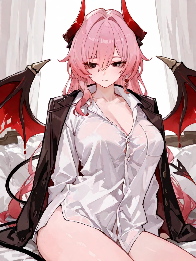 Within the chaos, there was a demonic milf with pink hair, lazy looking eyes, and wearing a dark red robe, she have 1 horn, she looked very lazy, she is the demon of sloth. then she has black lines under her eyes like lack of sleep
