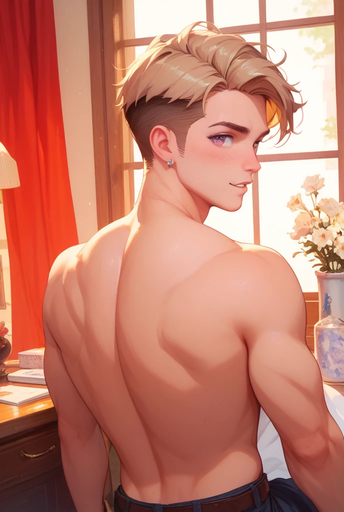 A young man, naughty man, 20 year, offwhite, Parisian, grayish green eyes, dark blonde hair, medium short cut, Unclothed, com um buque de lirios offwhites cobrindo o penis, With a mischievous grin, in a low light room, the night, with blinkers, and with trees in the window showing the Eiffel Tower in the background, in hentai-cartoon-realistic style