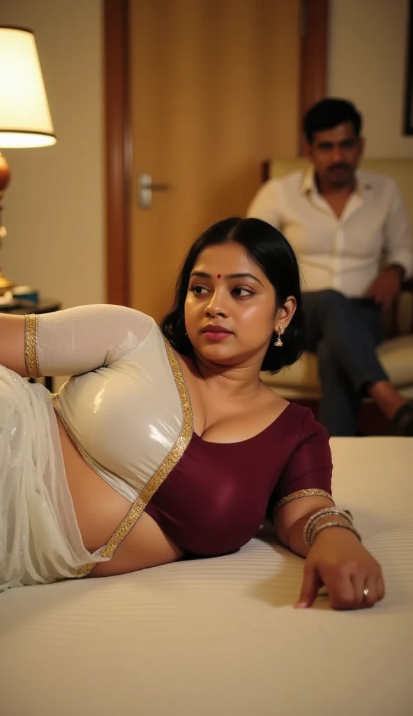 Day scene, full body photo of a plus sized 45 year old indian with a man from top view, (Masterpiece, Best Quality, High Resolution), office Background, (cum Splash on her breasts and nipples, cum Splash on her face and puzzy, Splash of cum, cum Splash on her vagina, cum Splash on her eys), Sweet 25 year old South indian women(naked )sitting on her knees in a crowded party hall with a man, hour glass body red lips, silver colour silky gown, lightly makeup,ultra realistic, realistic, look at viewer (cinematic:1.3), intricate details,