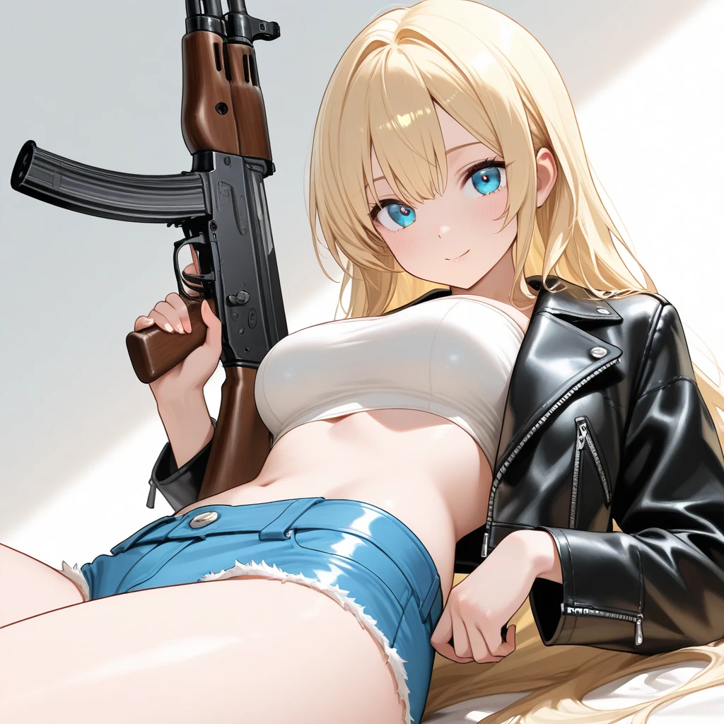 masterpiece, best quality, high resolution, extremely detailed CG, GTA5, 1girl, black striped bikini, holding gun, rifle, barefoot, Striptease