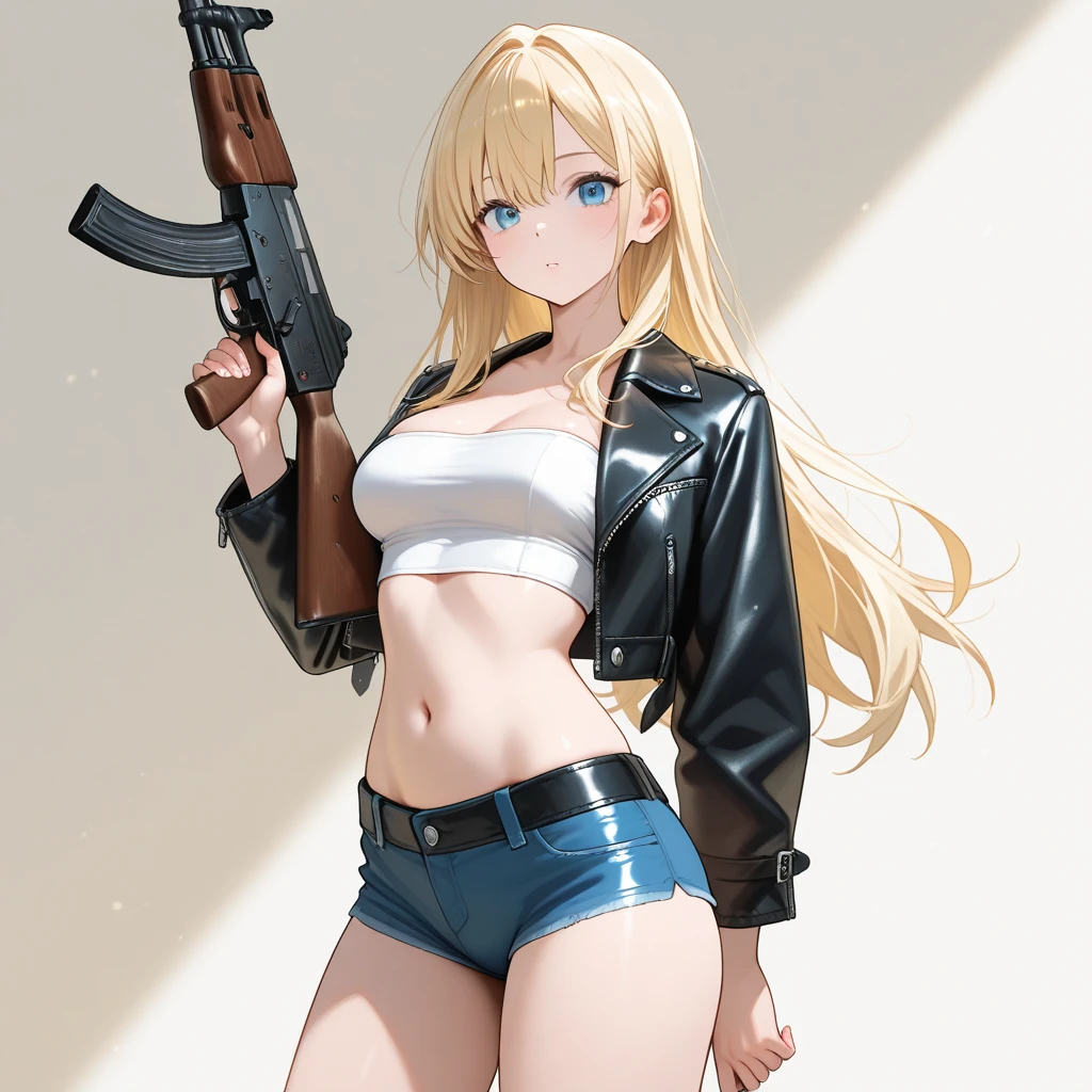 Close-up shot of a woman wearing a white T-shirt and micro denim hot pants holding a gun in both hands, blonde long hair, baseball cap, small details. female action girl, full body portfolio, shooting gun action, big ass, ((Panties that dig into the crotch)), socks, sneakers, dull bangs, adult woman, belly button, crack, ((camel toe)),