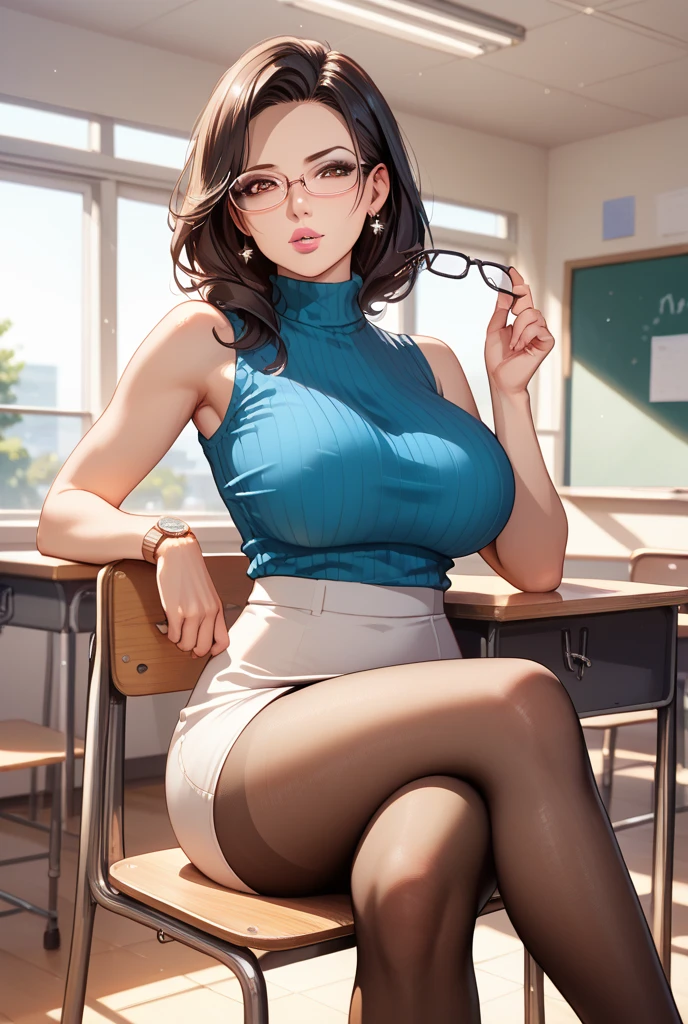 (((Highest quality, Ultra-high resolution、The most complex and detailed depiction)))、((masterpiece:1.3)), (8k, RAW Photos, Best image quality: 1.4), Very detailedな顔、Attention to detail、(Beautiful woman:1.4),(Realistic:1.4) (8k, RAW Photos,), (photo-Realistic:1.2), Very detailed, Beautiful attention to detail, (girl:1.3)Dark eyeliner、Eyelash length、False eyelashes、double eyelid、Brown eyes、Light fluorescent lip gloss, ((hostess:1.2)),(Huge breasts:1.6),、(Cleavage:1.5)、(((Light brown hair、braid one's hair、((Tie your braided hair behind your head,Put your braided hair up)))))、Gal-style makeup、Dark eyeliner、Black eyeliner、Heavy eye makeup、Eyelash length、False eyelashes、Eyelash length、Big eyes、Big black eyes、Big eyes、elongated nose、Heavy makeup、Face with gills、(((whole body)))、sexy、Glamorous Body、(Saggy breasts、Large saggy breasts)、((Sweat))、An empty classroom、((Sit on a desk))、(((Crossing your legs)))、(Sleeveless frilly white shirt),(((Ruffled shirt)))、((Black tight skirt、Tight mini skirt))、Glasses、High heels、Fishnet tights、front