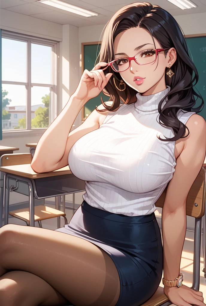 Woman, 30 years, adult, black hair, y teacher in classroom, glasses, pink lips, nigth, soft ligth, face detail, cut-in, fingers --style realistic-imagine -