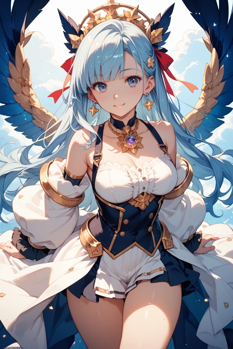 beautiful illustrations, highest quality, pretty girl,美girl、clear face、 half girl、pastel colour 、blush、perfect hands、five fingers、fantasy、fantasy、thighs、(perfect face:1.1), (high detail:1.mile、Angel、white feathers、white wings、girl