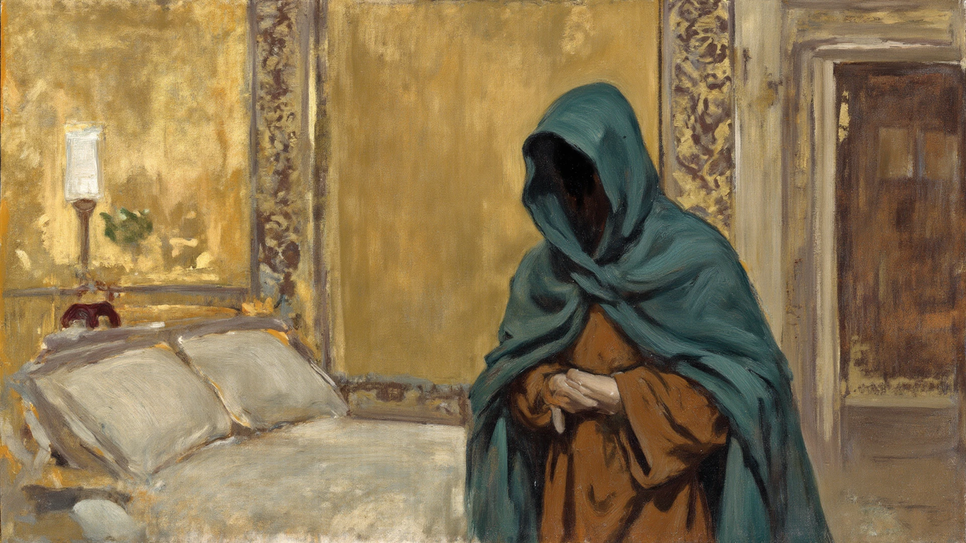 a cowering man, very frail, trying to hide face with gaunt hands, body wrapped yellowing bandages, skin hidden behind yellowed bandages, bandages covered in dried blood and puss, disgusting, dry as bone, desperate fleeting eyes, in pain, old bandages wrapped tightly