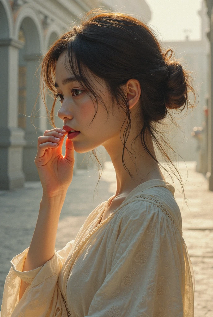 Close eyes):2.0, (Open mouth):1.5 Real numbers、8yk、Raw photo、(masuter piece)、(top-quality)、Hi-Res、((Looking Up))(girl with)、(realisitic、Photorealsitic:1.2), Upper body、ponytail,Sleeveless、skinny、14years、small tits、Eyes closed、Deep sadness、Sorrow、look up sky、Open mouth、screeming、Bedrooms、Background blur