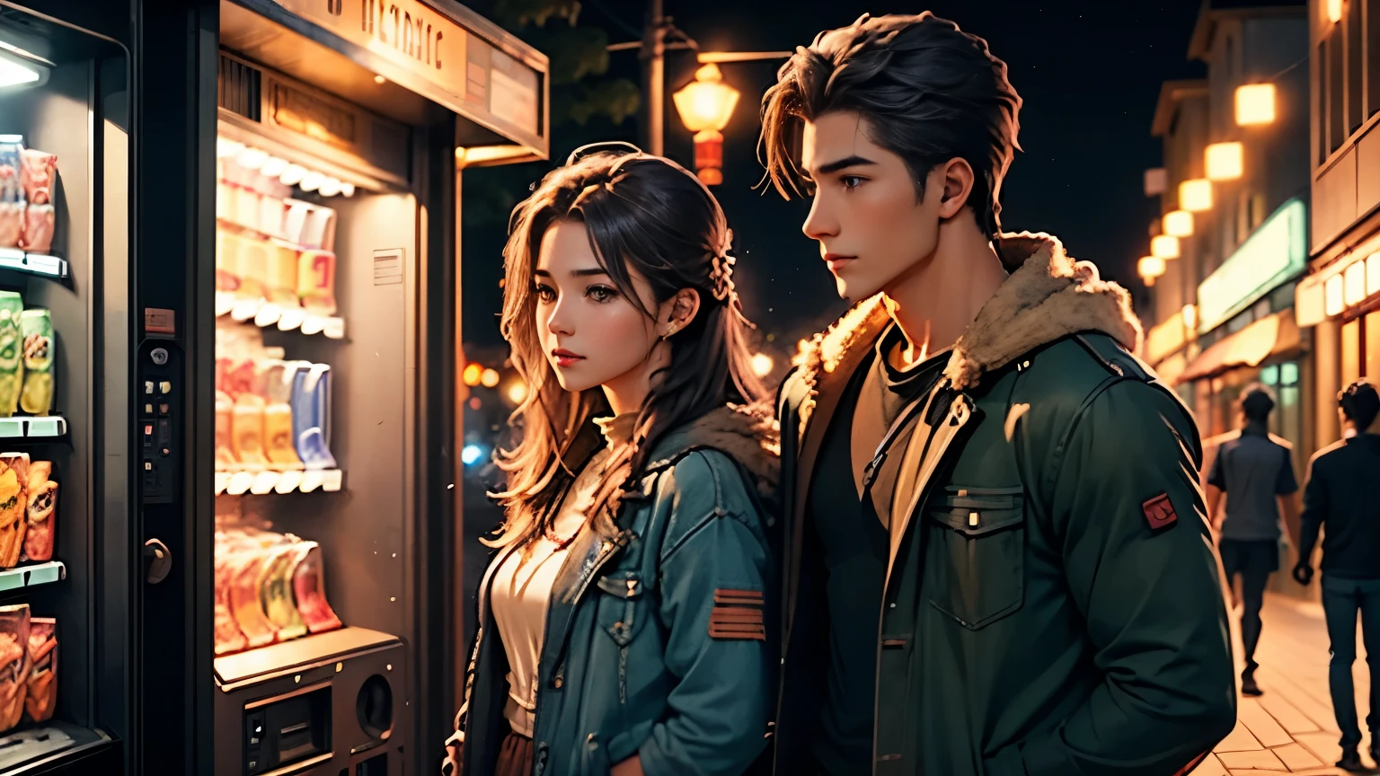 Young man and woman standing on a quiet urban square at night, lit by string lights and vending machines, headphones on, lost in the music, cinematic bokeh and anime style
