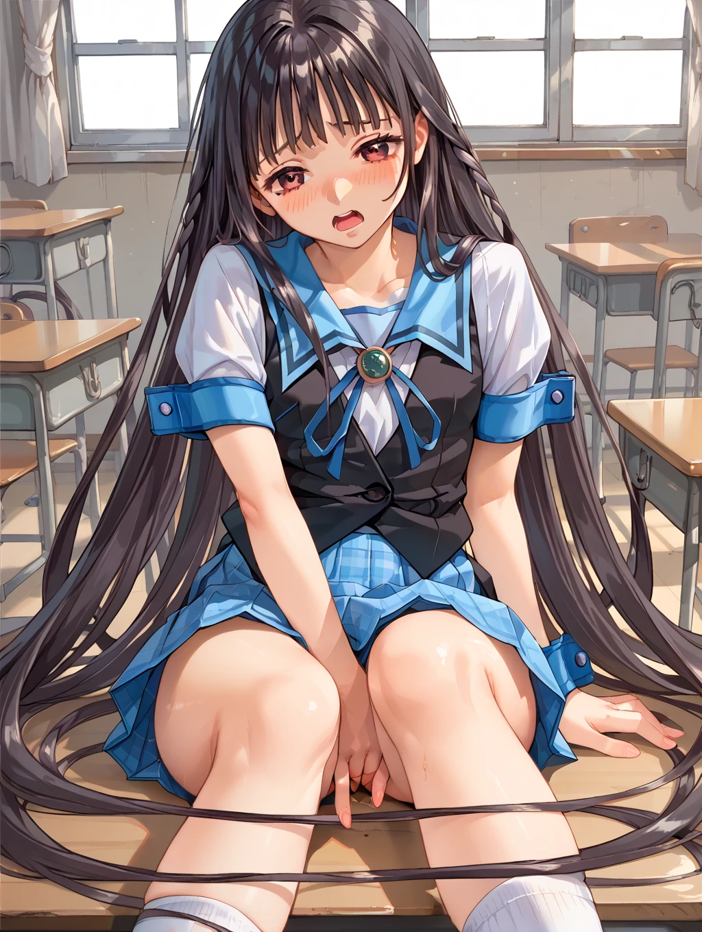 nsfw,alone, (One girl), Elementary school girl,8-year-old, (全naked), naked, sexy, (Cowboy Shot), ((Put your arms behind your head)), classroom, With a girl:Her hair is long and black, Her face is round and cute, Black Hair, Low twin tails,,Shy, Embarrassing,(Pussyメコスジ:1.0),Sit on a chair、Spread your legs、M-shaped legs、((pussy,Female organ,Pussy)),(masturbation),(female masturbation),