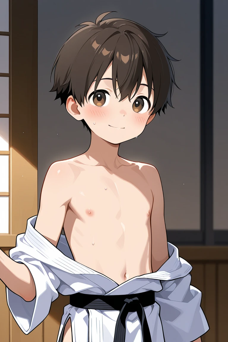 boy, slim, Cute, bright eyes, Short blond hair, in your bedroom, looks at the viewer, shy, brief, naked male, male genitals