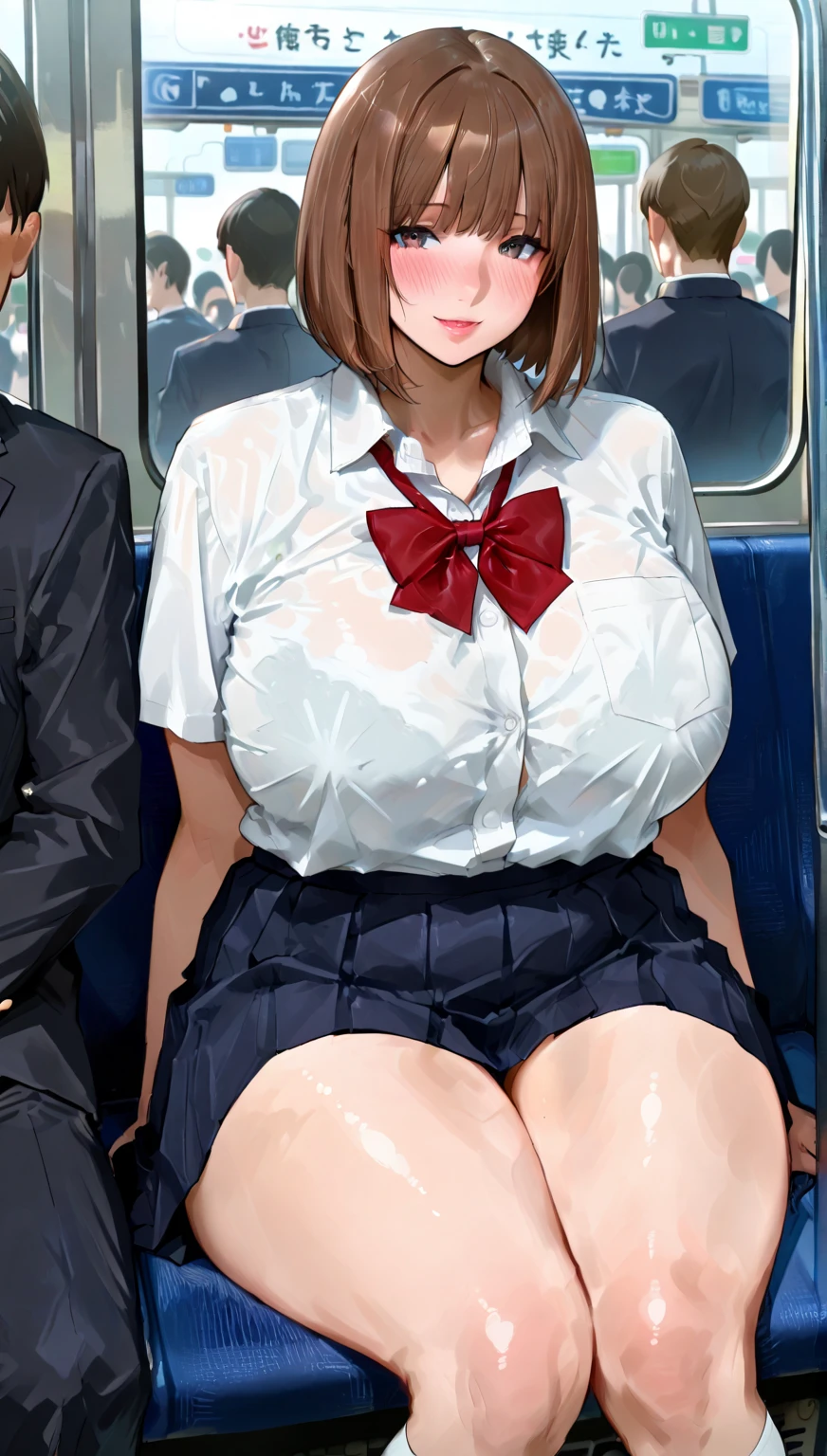(Perfect body),highest quality,16k、Anime Screen Capture、((blush)),(short hair), (((Blue eyes))),Thick Tight,((((Orange Hair、Twin tails)))),Sitting,(((nsfw、Huge breasts、Chubby))),(((view from the front、Surrounded by two middle-aged men、Molester、Men touching thighs)))),cowboy_shot,Ahoge,Valletta,(((Swollen nipples、Shirt lift、White shirt))),Hands on chest、(((Light blue striped panties))),(Navy Blue chool Uniform)、Big Ass、blush、Are standing,Looking at the audience,(((low length))),(((((Embarrassing)))))、Hands on chest,(surprise),((Dynamic pose)),((1 girl)),Inside the train