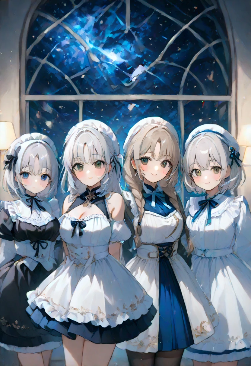 Plain white with emphasis on breastsＴshirt、Ultramarine and white striped mini skirt、When you lift up her skirt you can see her cute white frilly underwear.、barefoot、Three girls of different heights Magical girl with a magic wand、M-shaped legs on the futon