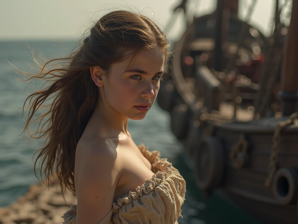 18 year old Frida Gustavsson, (((naked))), (((on an 16th century galleon))), shy, worried, hiding, ((face blushing)), (((hands between legs))), (minimal jewelry), choker, (((embarrassed pose))), Victorian braids, angry