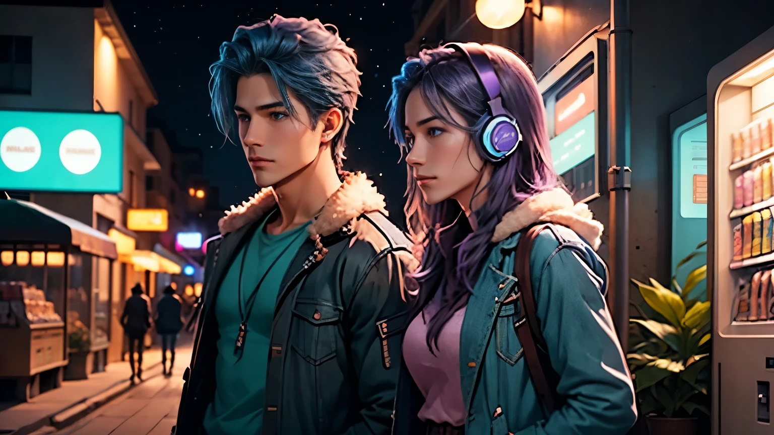 Change background cyberpunk handsome boy and cute girl, realistic face,8k,ultra realistic