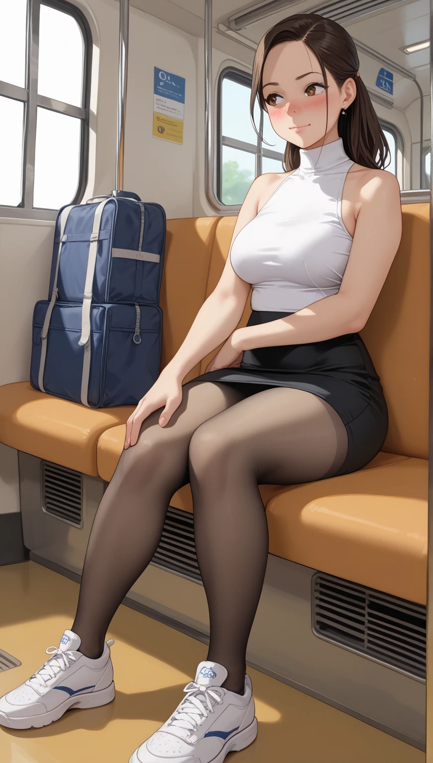 Woman in her 20s,,Bangs are all lined up、Brown hair, Shoulder-length hairstyle, Eyes closed, Mouth open, my sleeping face and plump lips., Lips shining with lipstick、slenderbody、
She is sitting on a long seat on a train, leaning her head upwards against the window behind her seat.She is fast asleep with her eyelids closed.She wears a dress with a short skirt, red high heels, and a strap attached to the top of her foot. Composition seen from below, sitting with legs spread and knees apart.Full body view from head to foot.
Images of people are close to reality