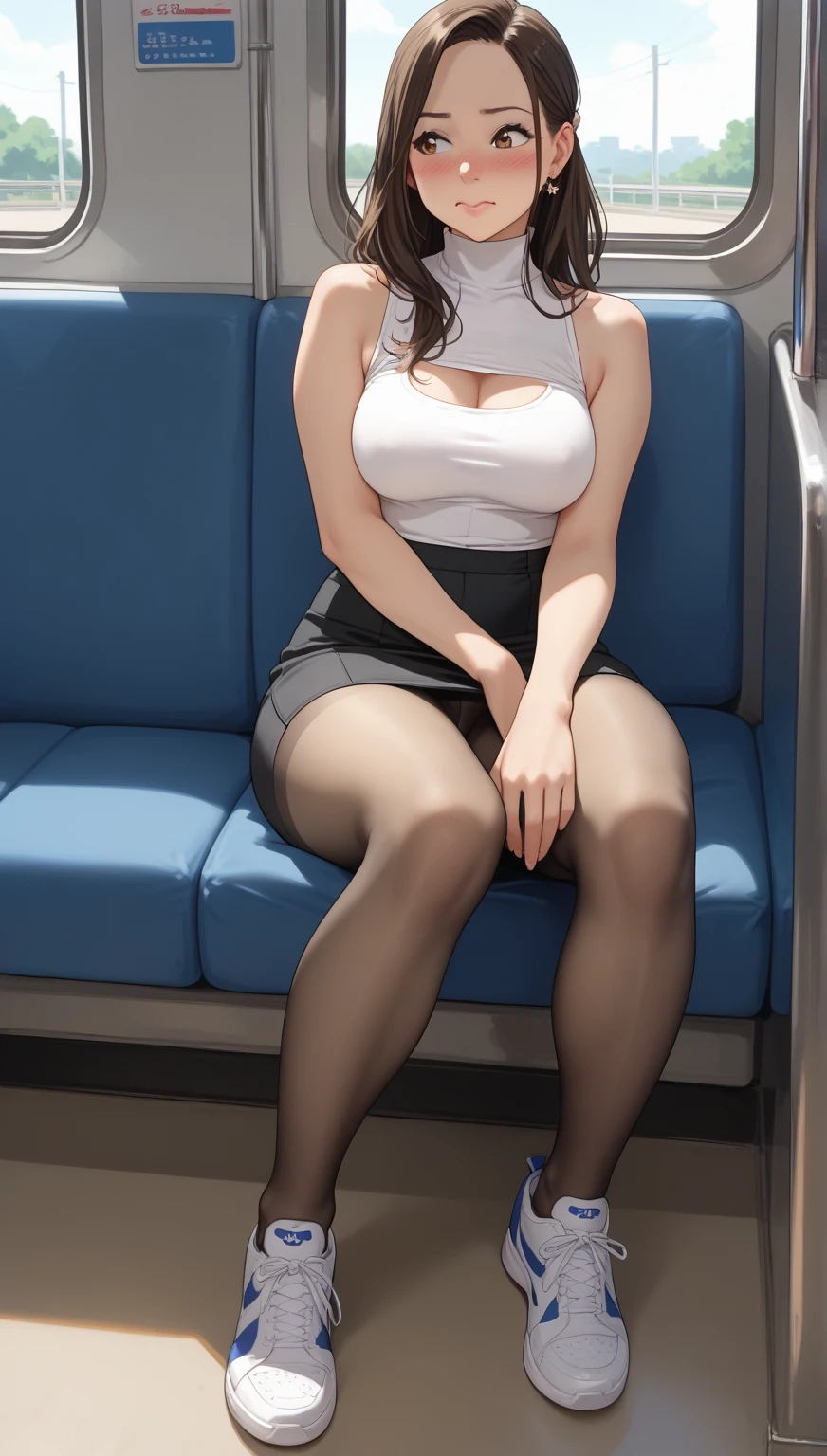 4K.Sharp focus、(((Sit well))), Beauty sitting on train seat, Taken from the opposite seat, Knee height seat, View Photographer, Tall Woman, One Woman, whole body, (Smiling at the photographer), tight skirt, (pantyhose), High heels, Sexy Dress, Long legs, Heavy makeup, Perfect Makeup, Perfectly styled hair、Clothes that show the chest、Glasses、Thin and long elbows、