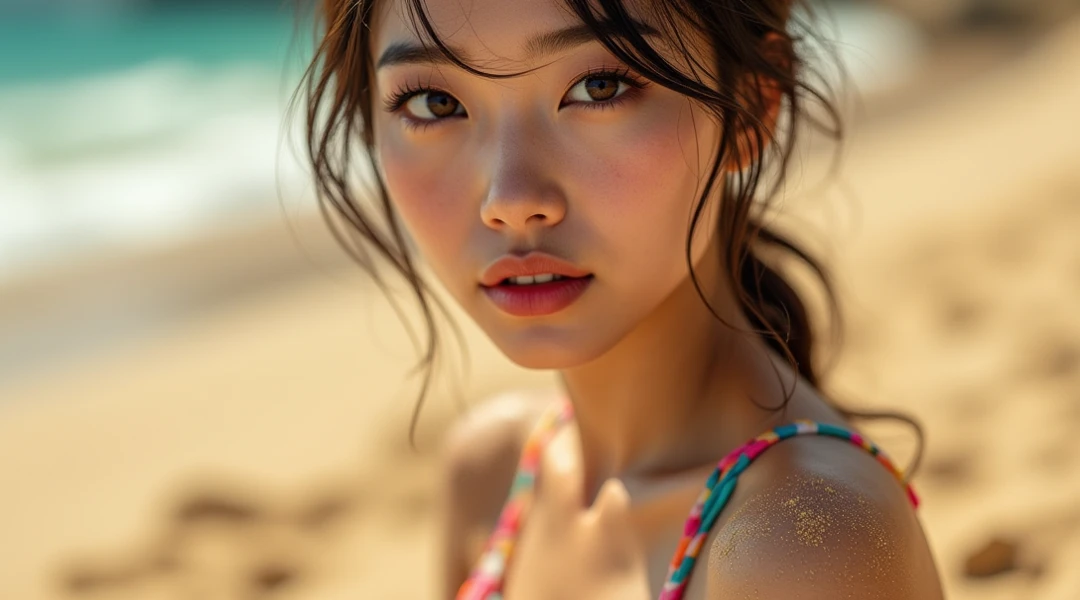 naked young woman, doing a blowjob, at the beach, pov