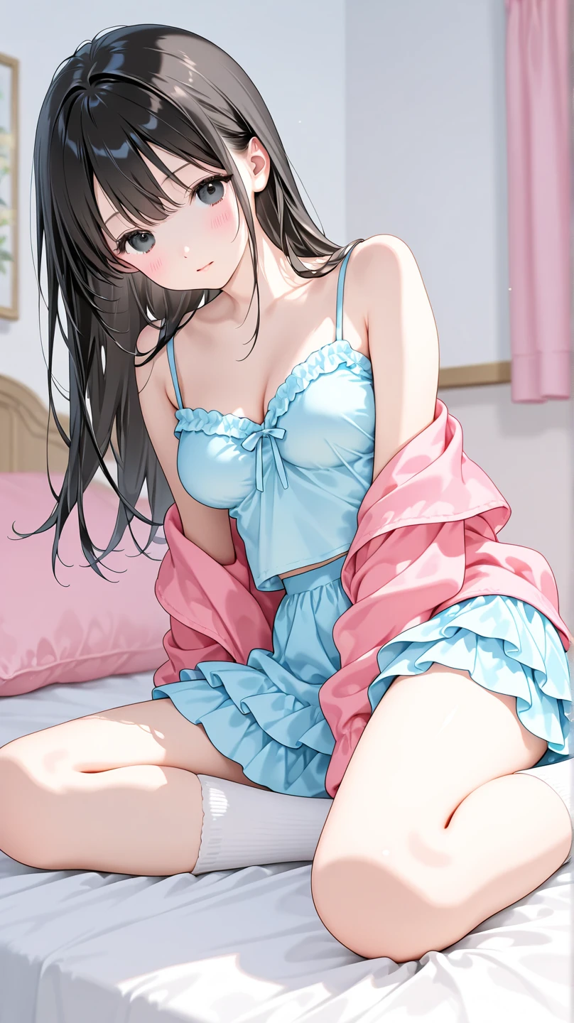 Beautiful girl at 13 years old,Japanese,,,Small and slim,Flat Chest,Small breasts,Baby Face,Small face,Black Hair,Twin tails,Grey Eyes,middle School girls,Sexy negligee,lingerie,open mouth,tongue out,Kneeling and sitting,Tie hands behind back,Beautiful and detailed anime art,puzzled look,high angle, looking at viewer, looking ahead, from above,cowboy shot,Sexy vibe,cum on tongue,On the bed