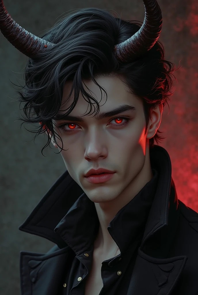 sehr young, Sexy male vampire, young, 19 years, Man with demon horns, black hair and red eyes, sehr young, smile, smile, vampire teeth