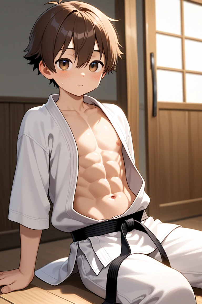 1 boy fixed to the wall by rope, 17 years old, Short spiked hair, Embarrassed look, Kinbaku, Japanese Bondage, Slender, many ropes around body, white Fundoshi, Eyes Wide Open, (Depth of written boundary:1.2), Spread legs, hanging body,