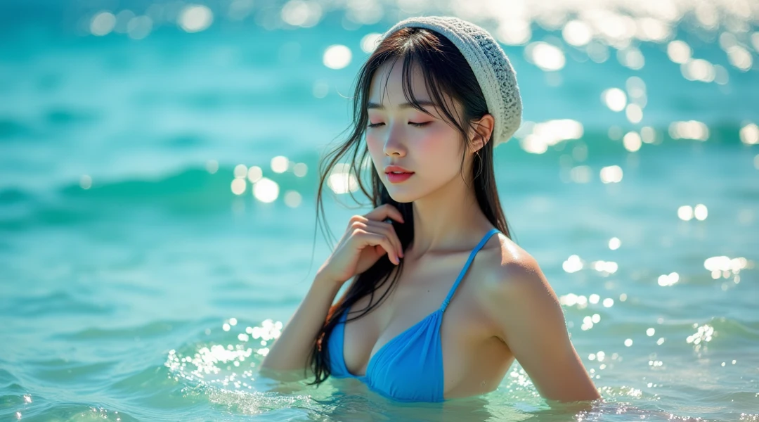 UHD, Close-up photo of a cute Korean woman, Tangjai looked straight at me.,) Chest size 34 inches, ponytail, Wearing a red and dark blue bikini,) necklace, Playing in the water on the beach,) 8k Photos, Shot with a high quality Fuji 45 camera.,000,000 pixels warm light,) The evening sun shone brightly., realistic light colors,)
