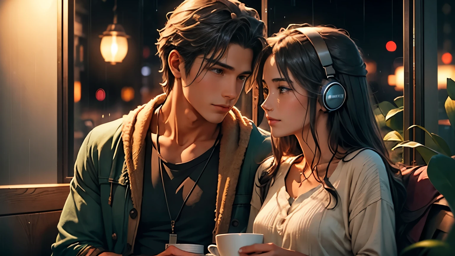 Young man and woman with headphones,  
sitting in a corner of a cozy nighttime coffee shop, sharing music with headphones, rain tapping on the window, dim lights, books and mugs around, soft and cinematic anime atmosphere