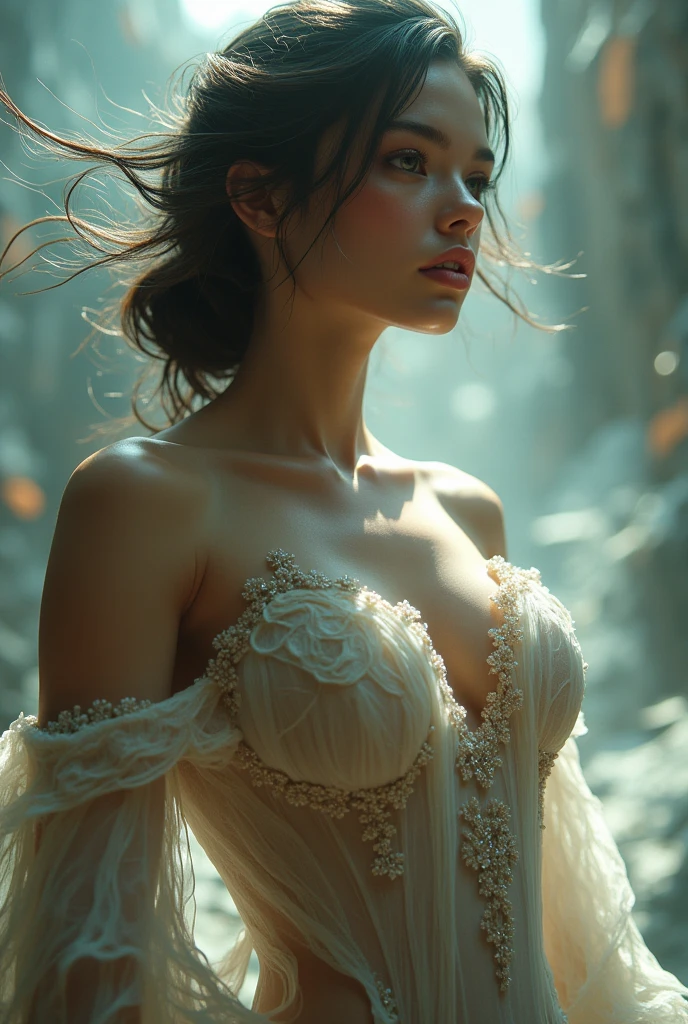 (masterpiece, photorealistic:1.4, extremely intricate:1.6), (photon mapping, radiosity, physically based rendering, ultra resolution, hyper-realistic, photorealistic:1.4, hyper-realistic, 8K, rtx), ((twenty years old [waif:supermodel:0.5], (teenage girl, ((organza lace white long gown, goth, lace gloves, plunging neckline, ((cheekbones))), wind, windy, humid, glisten, closeup portrait, (sparkling crown)), cloak, filigree, etched, long straight [brown hair:blonde hair:0.4], [huge breasts:medium breasts:0.8], [blue eyes:clear eyes:0.5]))) Fantasy, BREAK, (((she is on a barren snowcovered mountainside, in a (sunset, blizzard, bokeh))))