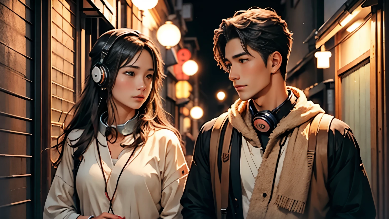 Young man and woman with headphones,  on a narrow Tokyo alley, warm ramen shop lights behind them, both with headphones around their necks, cozy and expressive