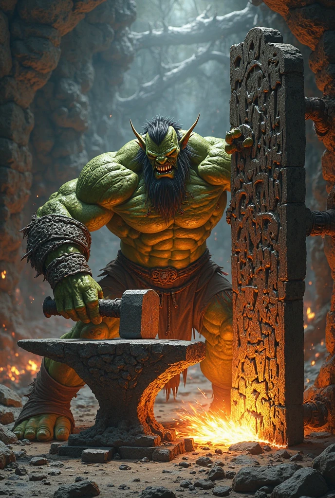 Young green-skinned orc inside a cave with a pickaxe in his hands and ores glowing in the background