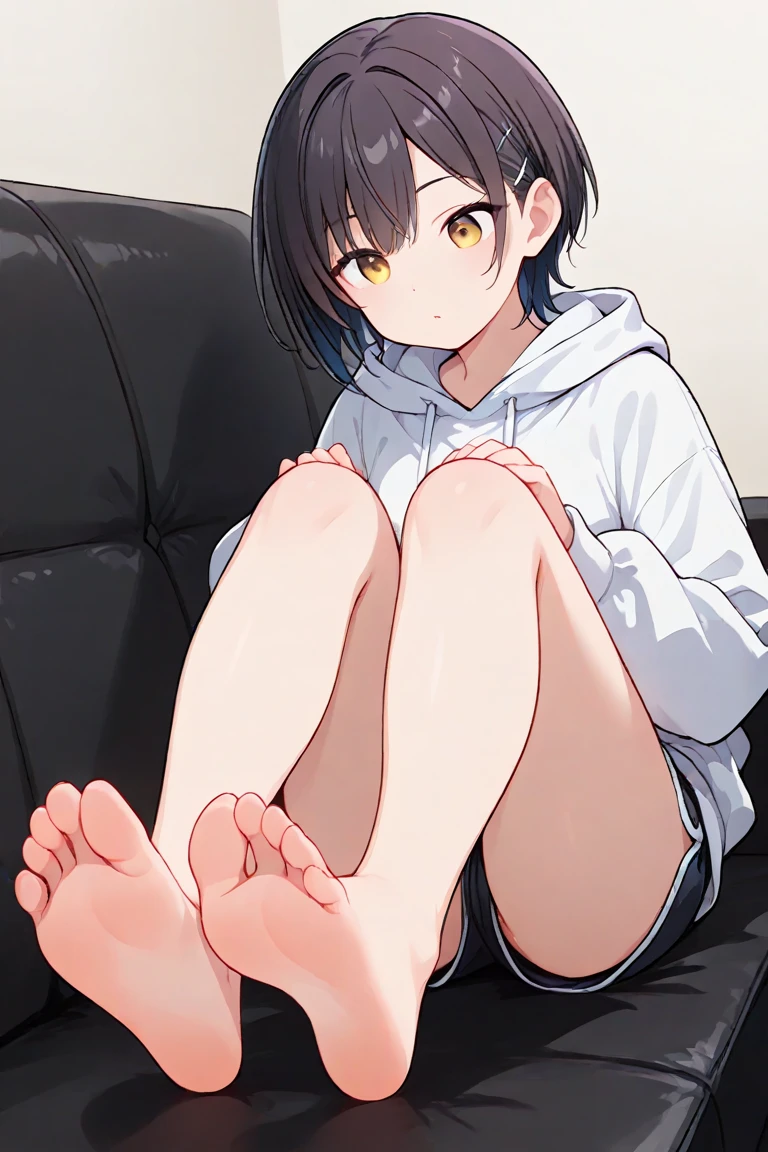 hiquality, tmasterpiece (One adult girl). Plays on computers. looks at the monitor .short brown hair. brown eye. The clothes: grey sweater. bare feet. In the background is a room, sitting at a table. computer on desk.